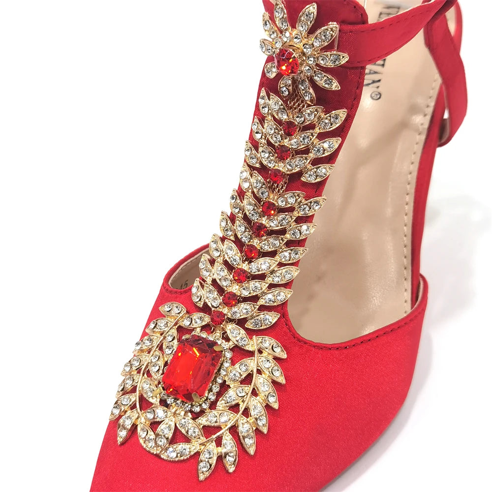 Maxy Newest Red Color Comfortable Streamlined Pointed Toe Women's Shoes Matching Big Crystal Handbag Party Women's Shoes And Bag Set