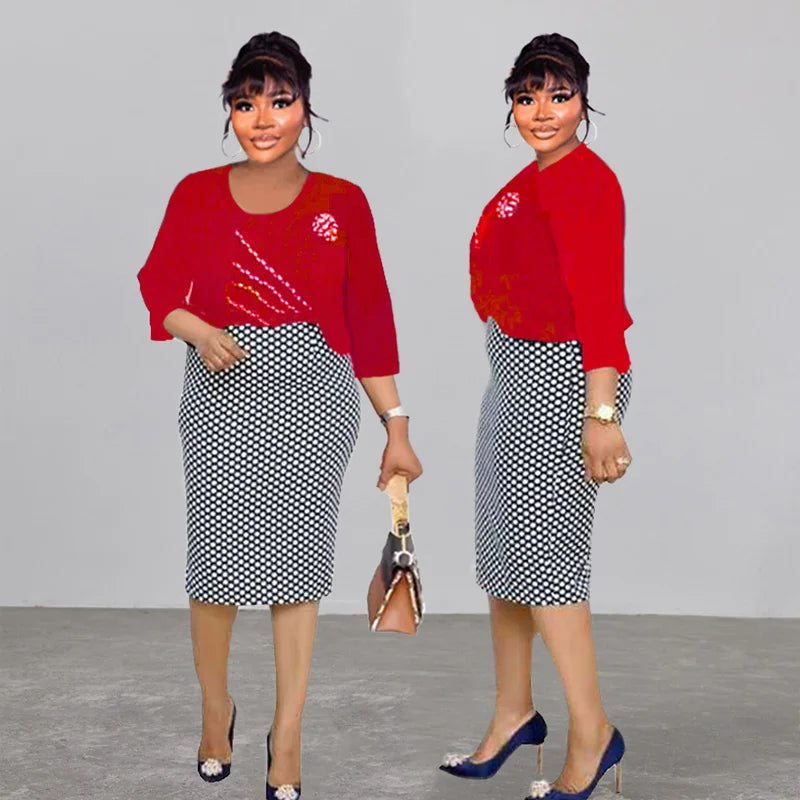Amay Cross-border explosion African women's round neck plaid OL temperament patchwork commuter dress + small coat two-piece set