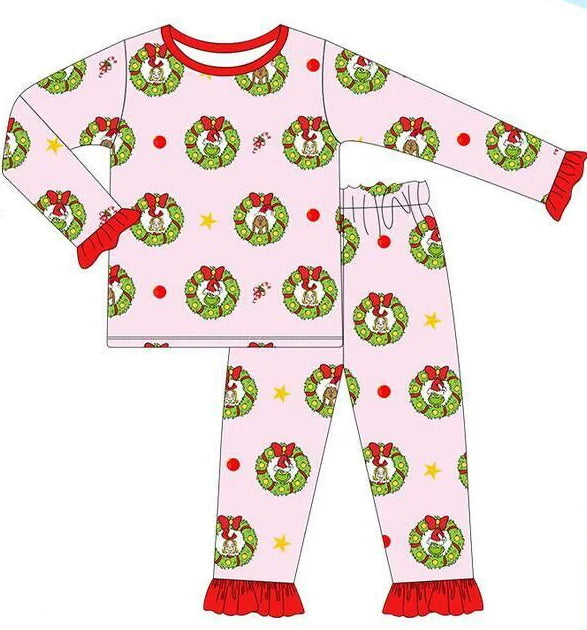 Babs Christmas boutique children's set long-sleeved lace cartoon print trousers lace girls boys pajamas set baby zipper jumpsuit