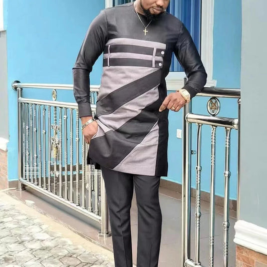 Amay Men Two Piece Outfit Set Long Sleeve Solid Color Panel Top and Pants Festival Party Set Ethnic Style Men's Suit