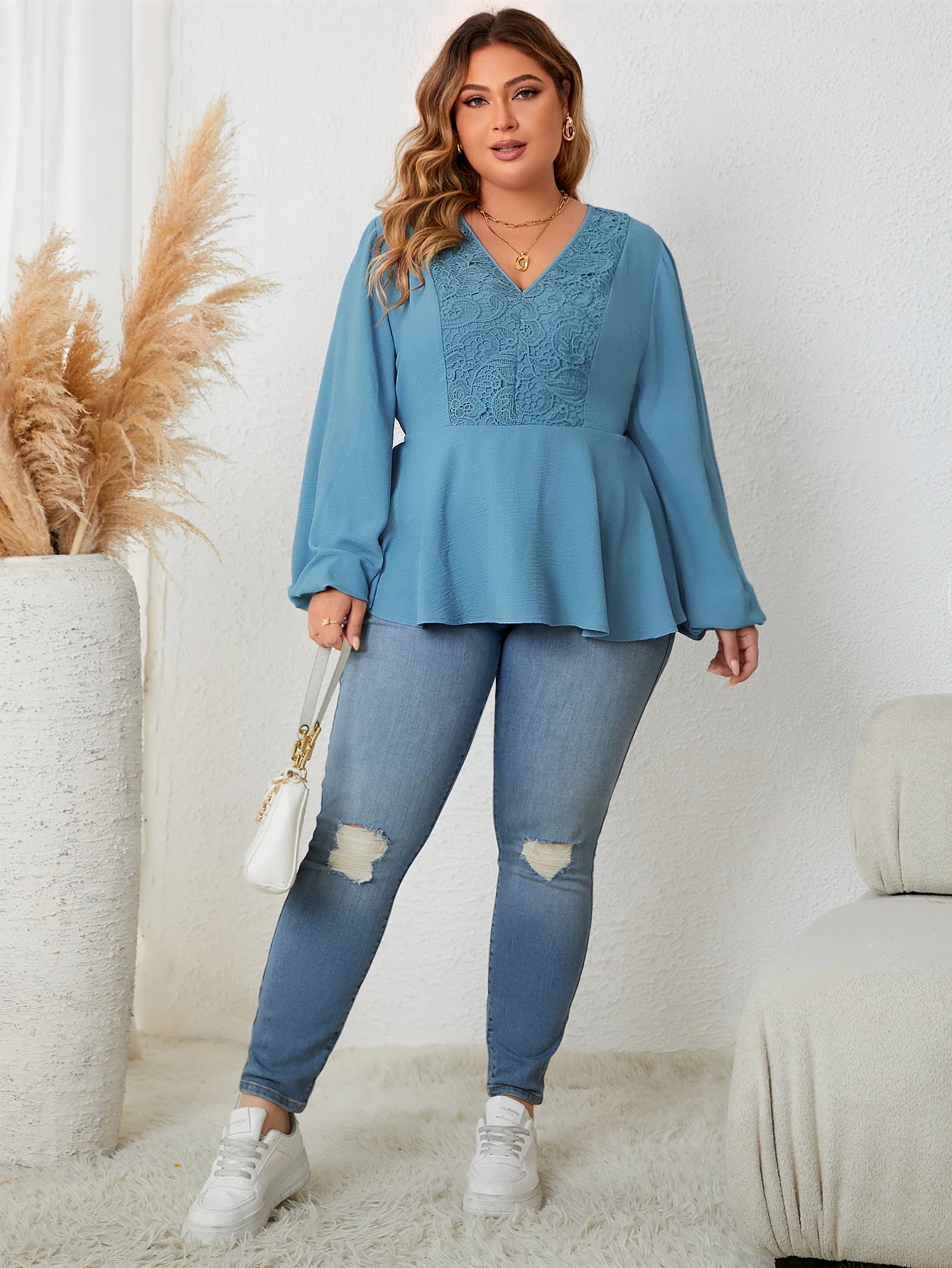 Amay Plus Size V Neck Contrast Lace Women's Top Fashion Vintage Full Lantern Sleeve Elegant Peplum Blouse Autumn New
