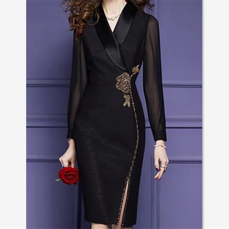 Maxy Autumn New Luxury Beading Celebrity Dress French Elegant Women's Silk Patchwork Long Sleeve Temperament Wrapped Hip dress