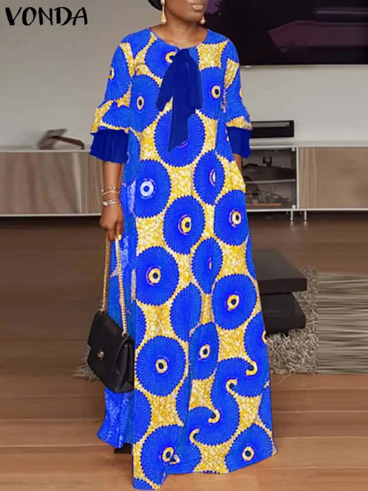 Maxy Plus Size 5XL Bohemian Women Printed Maxy Dress Elegant Vintage Sundress Casual Bow Flare Sleeve Long Shirt Vestidos