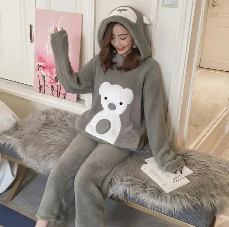 Winter Thick Warm Flannel Pajamas Sets For Women Sleepwear Pajama Homewear Pyjamas Set Cartoon Cute Warm Hooded Rabbit Gowns