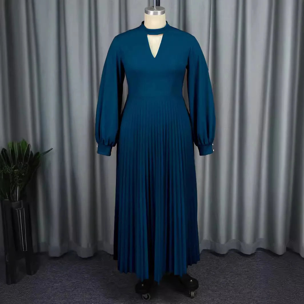 Maxy high-end hollow out small stand up collar party dress autumn lantern sleeve pleated dress
