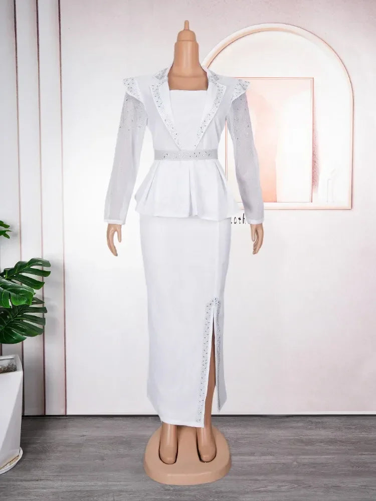 Maxy Luxury African Dress for Women Elegant Square Neck Diamond Full Sleeve Belt Waisted Side Split Floor Length Birthday Dress