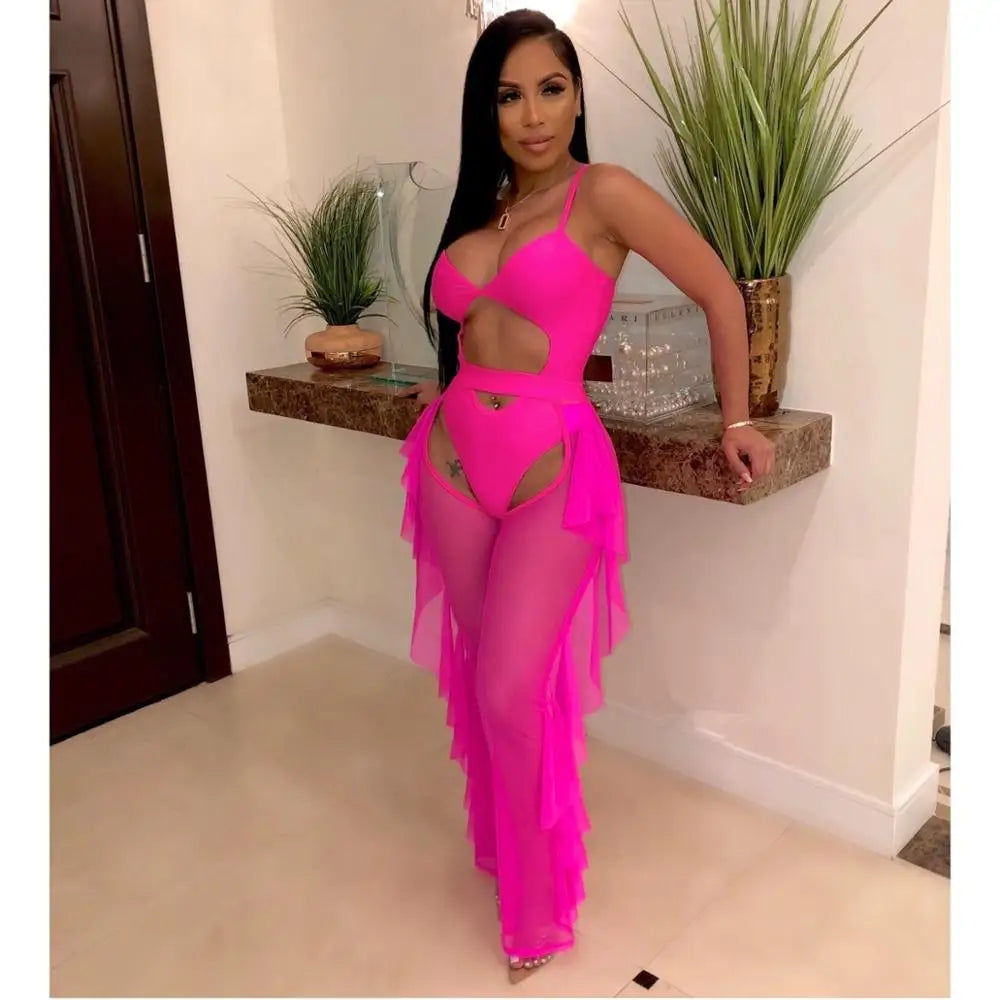 Maxy BKLD Ladies Tracksuits Festival Women Club Outfits Hollow Out Spaghetti Strap Bodysuit Ruffles Mesh Pant Set For Women