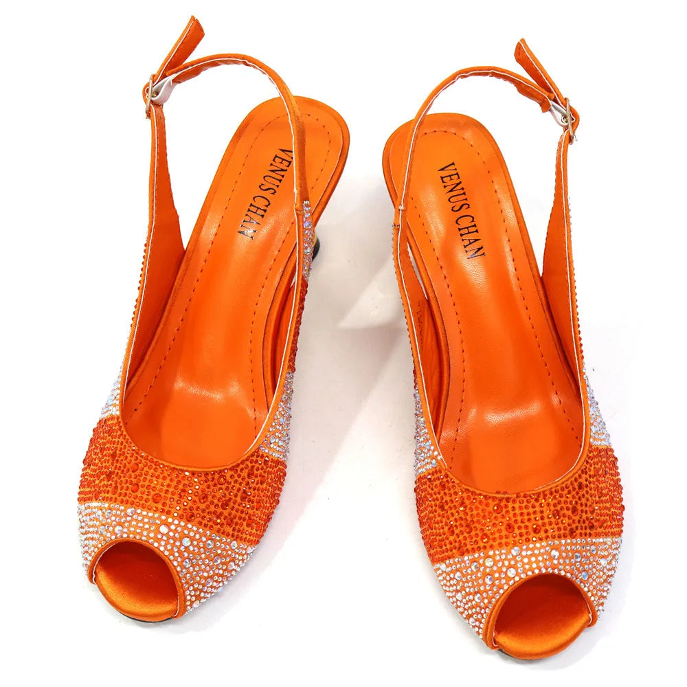 Maxy 2024 Comfortable Heels Women Shoes and Bag Set in Orange Color for Garden Party