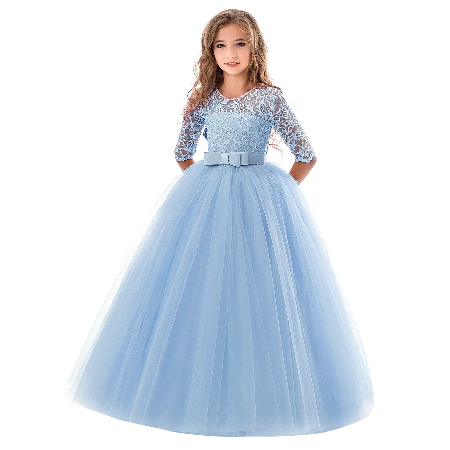 Maxy Girls Lace Embroidered Bow Princess Dress Long Sleeve Tulle Gown For Toddler First Communion Bridesmaid Wedding Birthday Party