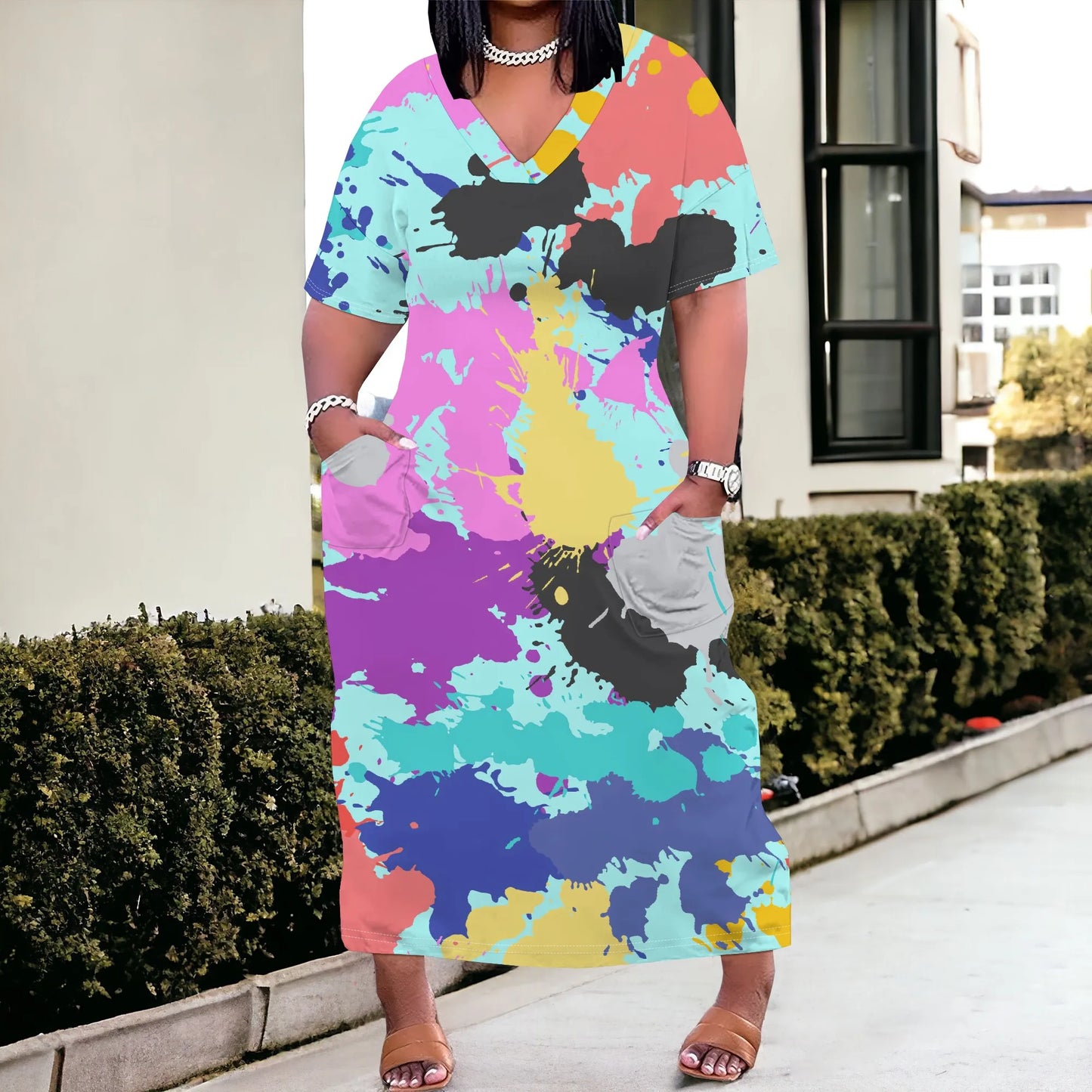 Maxy Plus Size Women Dress with Pockets, Short Sleeve Loose and Comfortable Long Dress for Beach, Party, Work, Spring