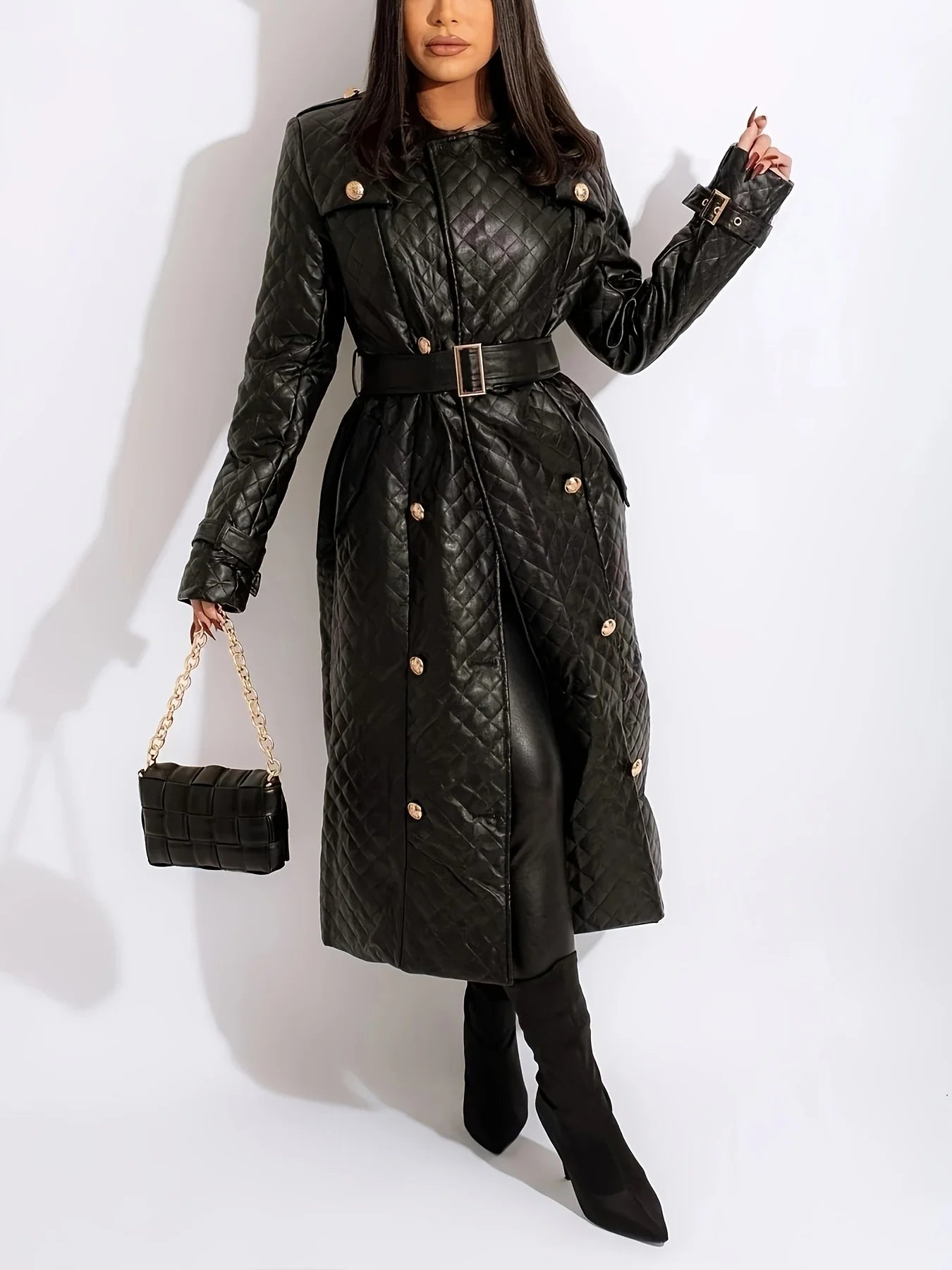 Gacy Women's Trench Coats Autumn Spring Black Streetwear Leather Jackets Elegant Office Lady Slim Warm Long Coat With Belt