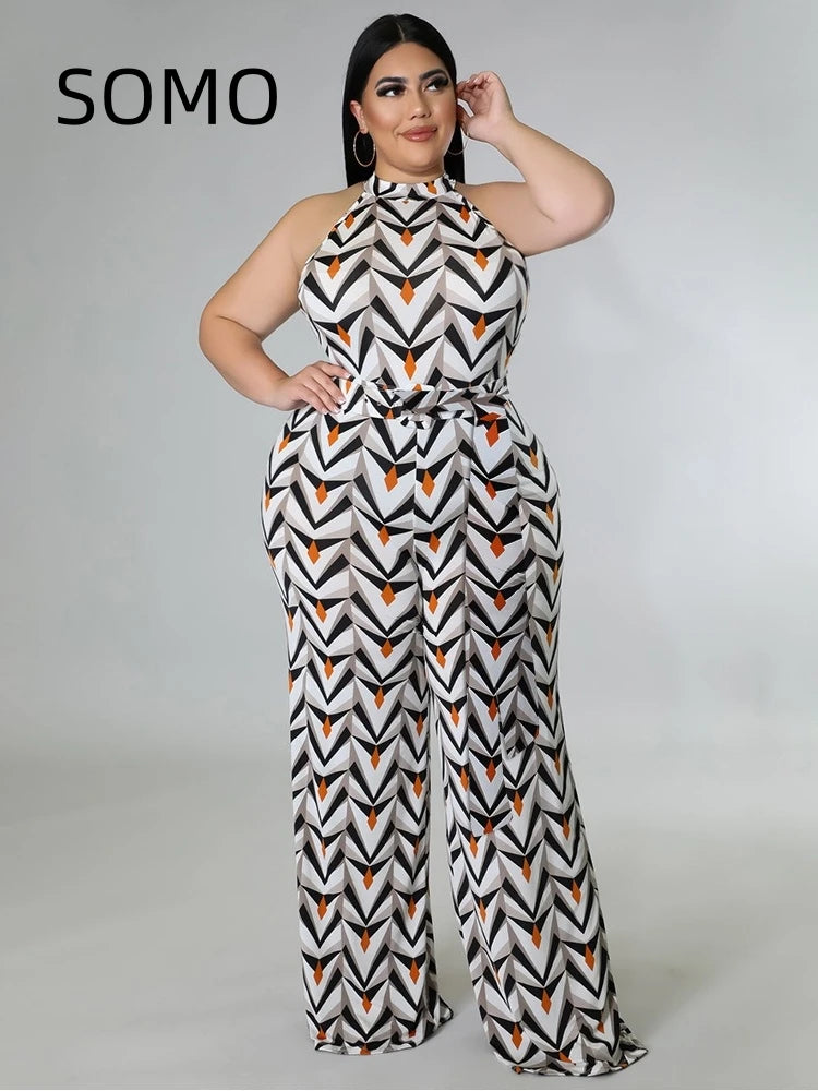 Amay Plus Size Women Jumpsuit Sleeveless Casual Hanging Neck Print with Belt Large Size Romper Wide Legs 2024 New Dropshipping