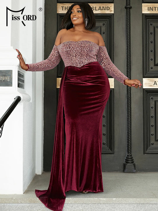 Maxy Wine Sequin Velvet Plus Size Party Dress Women Off Shoulder Long Sleeve Draped Bodycon Mermaid Evening Dresses Prom Gown