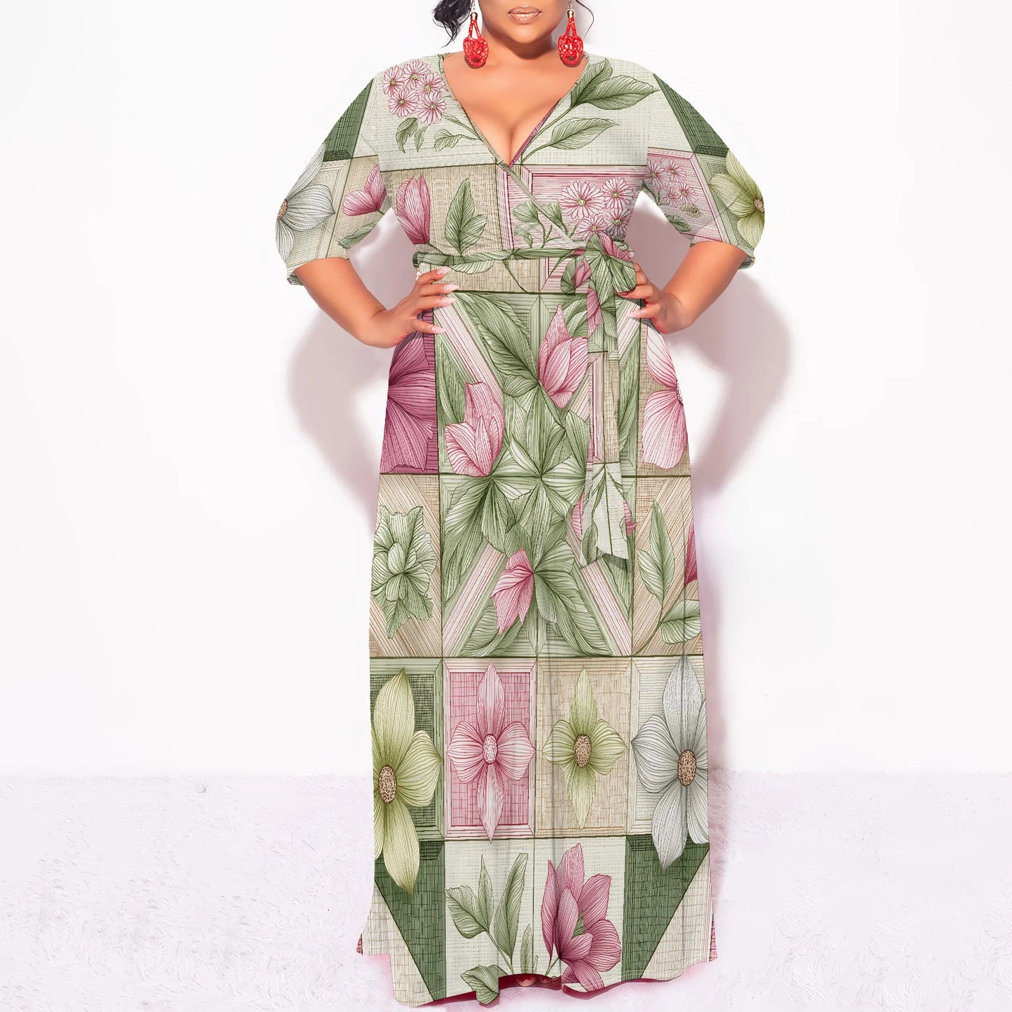Maxy Plus Size Long Sleeve Floral Patchwork Maxy Dress V-Neck Elegant Artistic Design