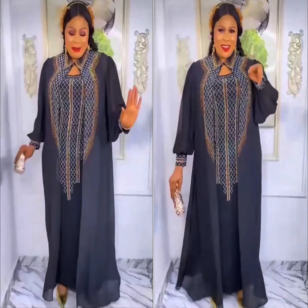 Maxy 2 Piece Set African Dresses for Women Evening Dress Diamonds Party Gown Dubai Abaya Kaftan Chiffon Wedding Outfit