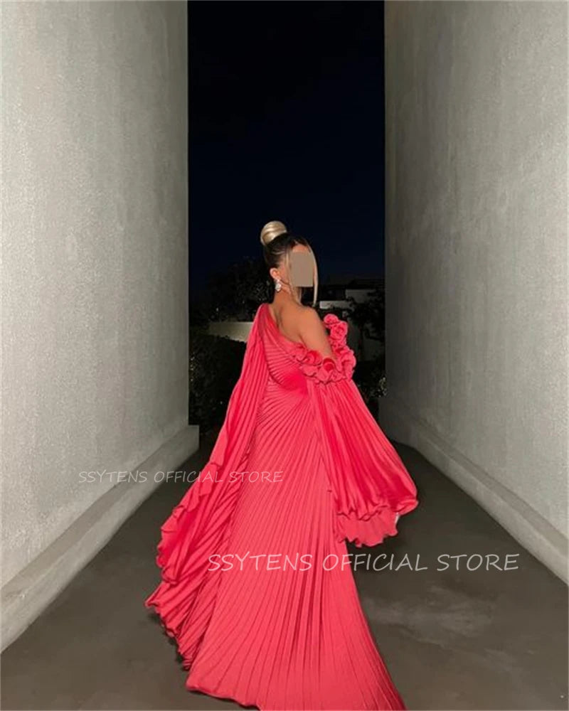 Maxy Elegant Vintage Red A Line Customized Formal Occasion Prom Dress One Shoulder vestidos Satin Pleats Arabic Evening Party Gowns