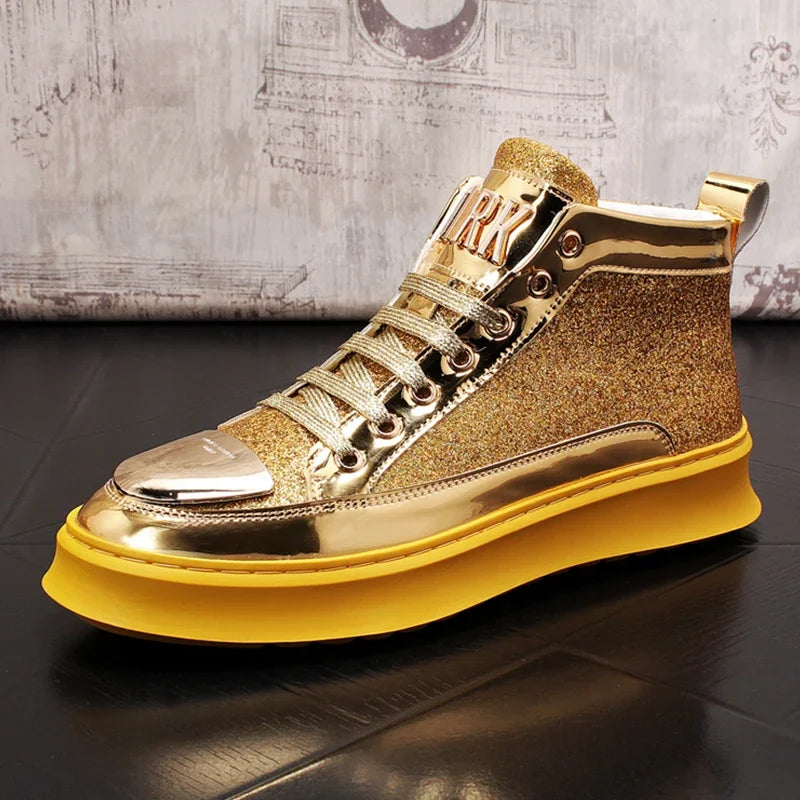 Amay Fashion Y2K boots for men shine leather metal decoration high top boot luxury shoes hairdresser Casual Male sneakers Botines