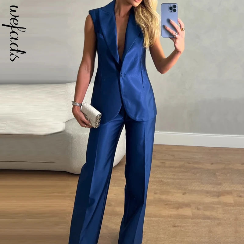 Maxy Wefads Women's Sets Summer Office Lapel V Neck Sleeveless Backless One Button Solid Vest Top Loose Pants Suit High Streetwear
