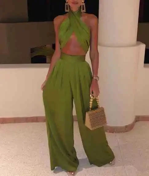 Maxy Sexy Satin Women Two Piece Set Summer Halter Tank Top and High Waist Wide Leg Pants Matching Sets Vintage Party Club Outfits