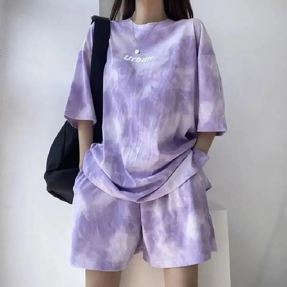 Maxy 2 Piece Suit Women T-Shirt Shorts Set Korean Fashion Tie Dye Loose Short Sleeve T-shirt And Wide Leg Set Students Sports Outfit