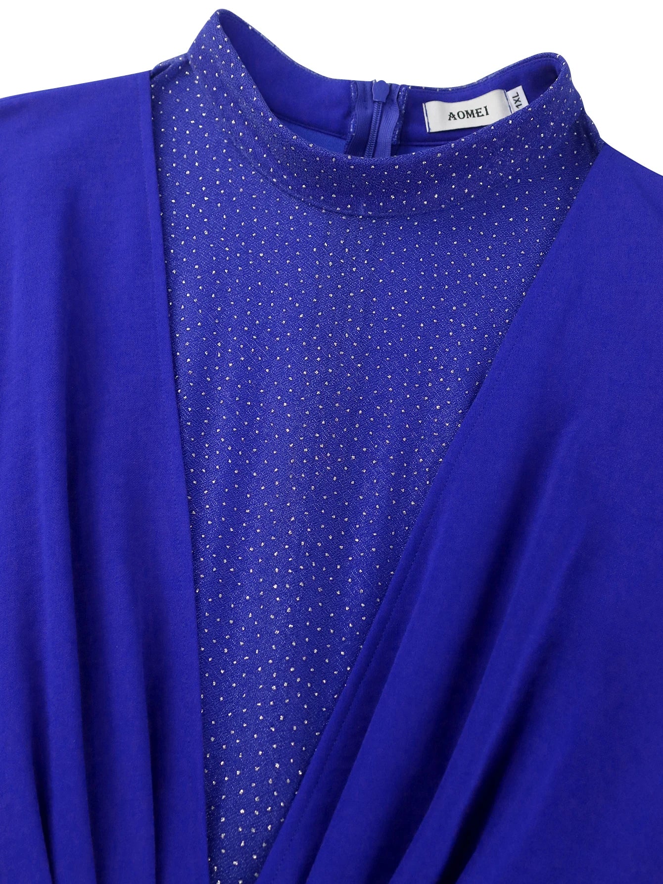 Amay Women Blue Maxy Evening Party Dress High Neck See Through Sheer Mesh Patchwork Long Sleeve Empire Pleated Gown Plus Size