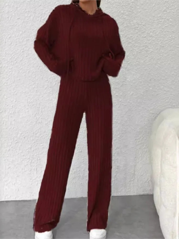 Maxy Spring Autumn Women's New Solid Color Casual Knitted Striped Hooded Sweatshirt Loose Long Sleeved Long Pants Two-piece Set