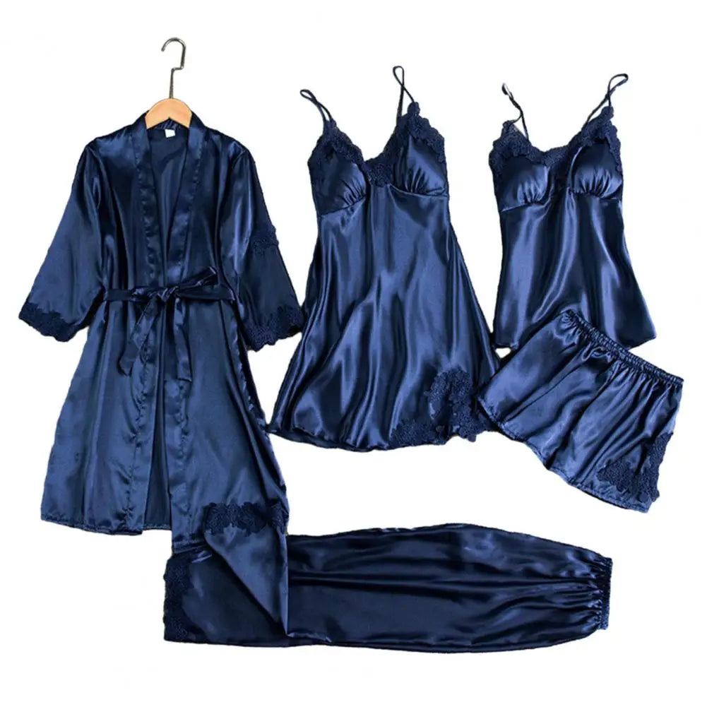 Silk Pajama Set Elegant Satin Lace Pajama Set with Lace-up Waist 5-piece Women's Nightwear Set Silky Nightgown with Top Shorts