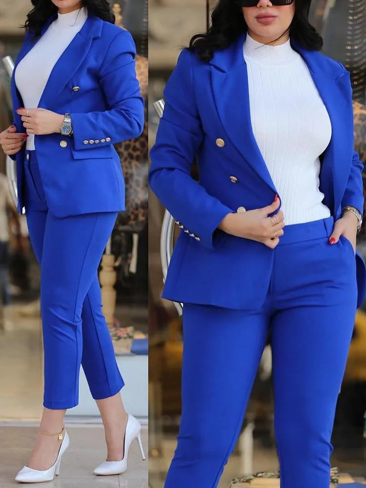 Maxy Elegant Office Lady Two Piece Sets New Autumn Winter Women Fashion Notched Neck Long Sleeve Blazer & High Waist Work Pants Suit