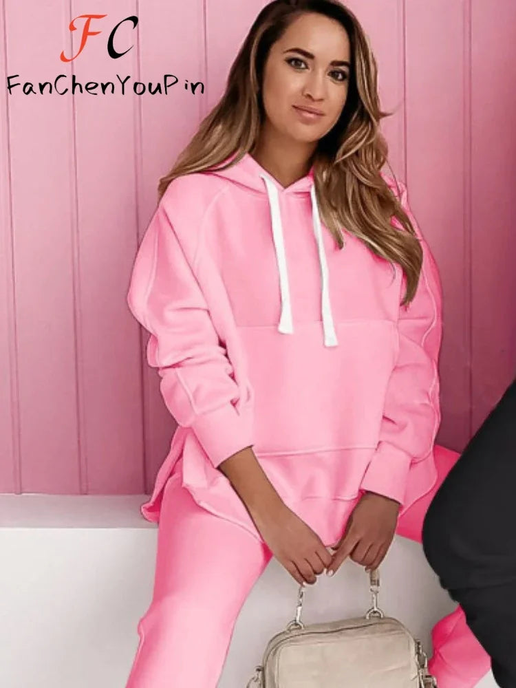 Maxy Fashion New Women's Set Autumn Winter Loose Solid Slits Pockets Hooded Pullover Elastic Waist Casual Pants Two-piece Hoodies Set