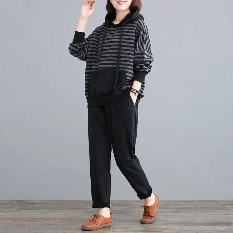 Maxy Spring Casual Loose Striped Hooded 2 Piece Sets Sweatshirt And Harem Pants Tracksuit Oversized 4XL Korean Sweatsuit Women Outfit