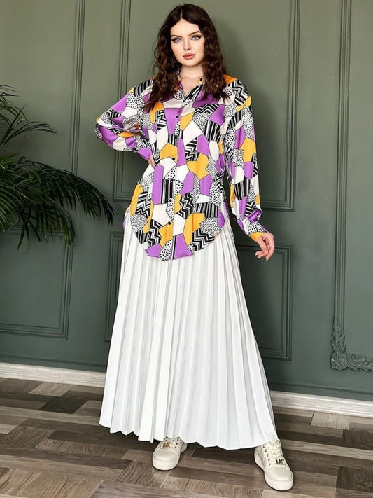 Amay Women Sets Two Piece Set Print Long Lantern Sleeve Top And Elegant Long Skirt High Streetwear Casual Beach Suit