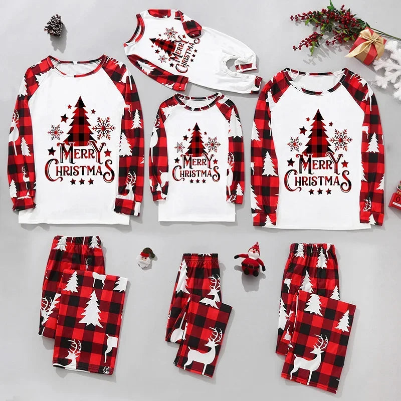 Maxy Christmas Family Look Sleepwear Mom Dad Xmas Family Matching Pajamas Santa Tree Patchwork Shirt Mother Daughter Matching Clothes