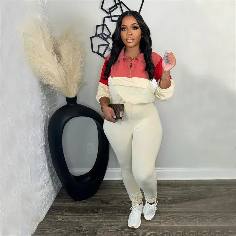 Maxy Sporty Casual Two Piece Set for Women Sweatsuit Fall Winter Patchwork Sweatshirt Top and Pants Running Tracksuit Joggings Femme