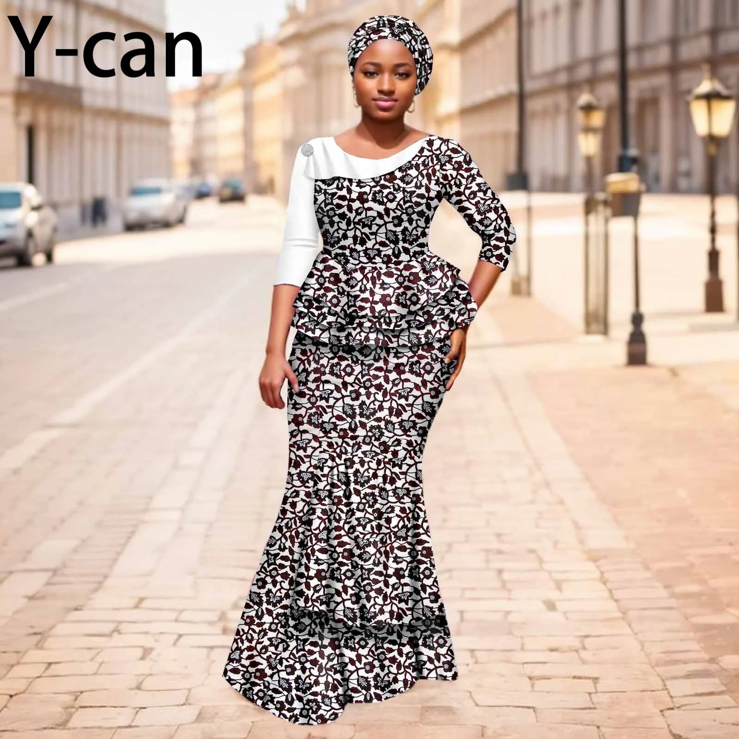 Maxy New African Dresses for Women Dashiki Print Patchwork Top and Mermaid Skirt Match Turban Traditional Wedding Party Dress 2526004