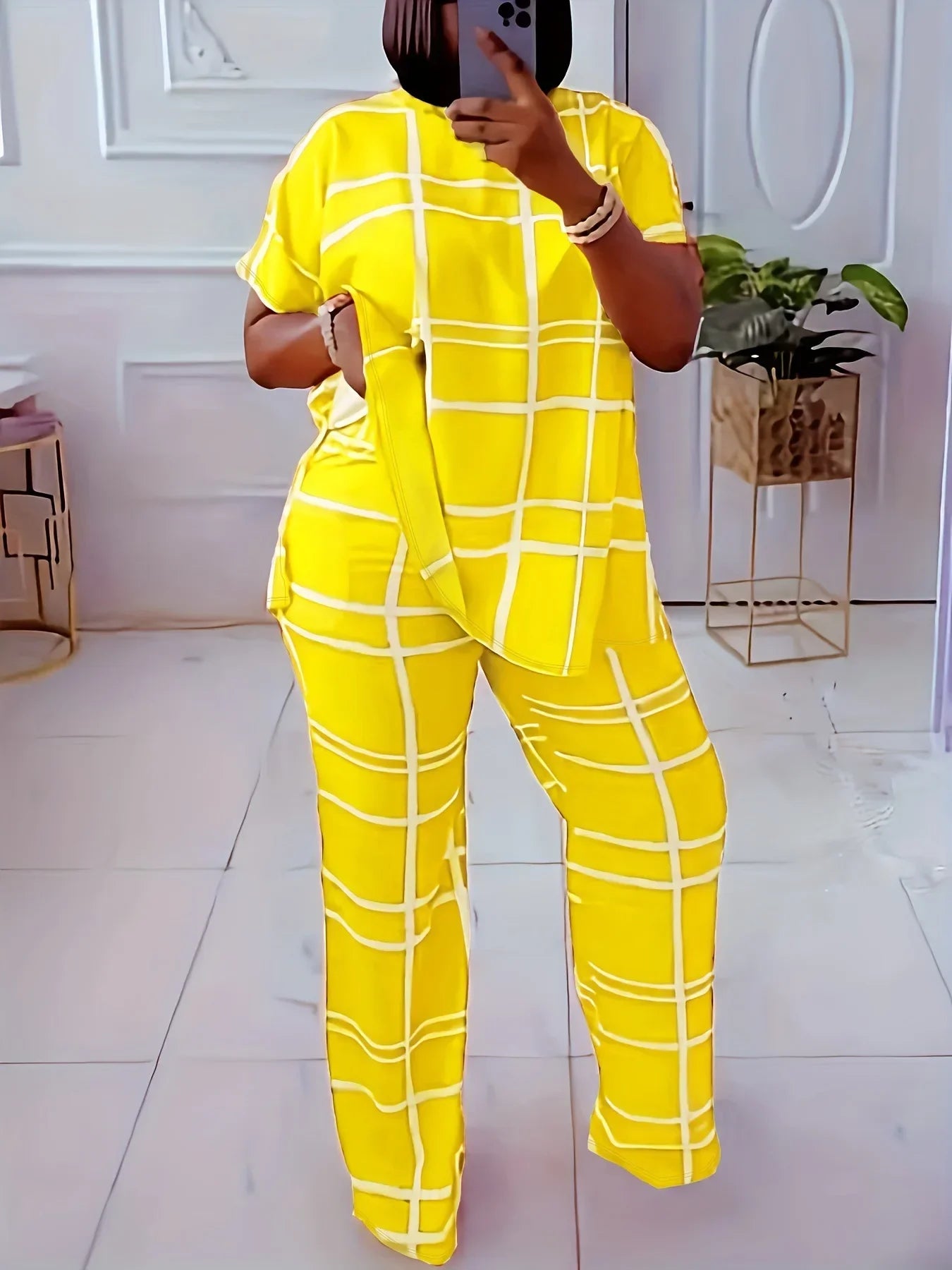 Maxy Plus Size Two Piece Outfits Women Loose Striped Short Sleeve Top Wide Leg Pants Set Tracksuits