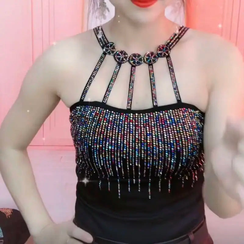 Maxy Spring Summer New Fashion Women Vest Camisole Pendant Bottomed Lady Shirt Vest Color Diamond Rhinestone White Blue