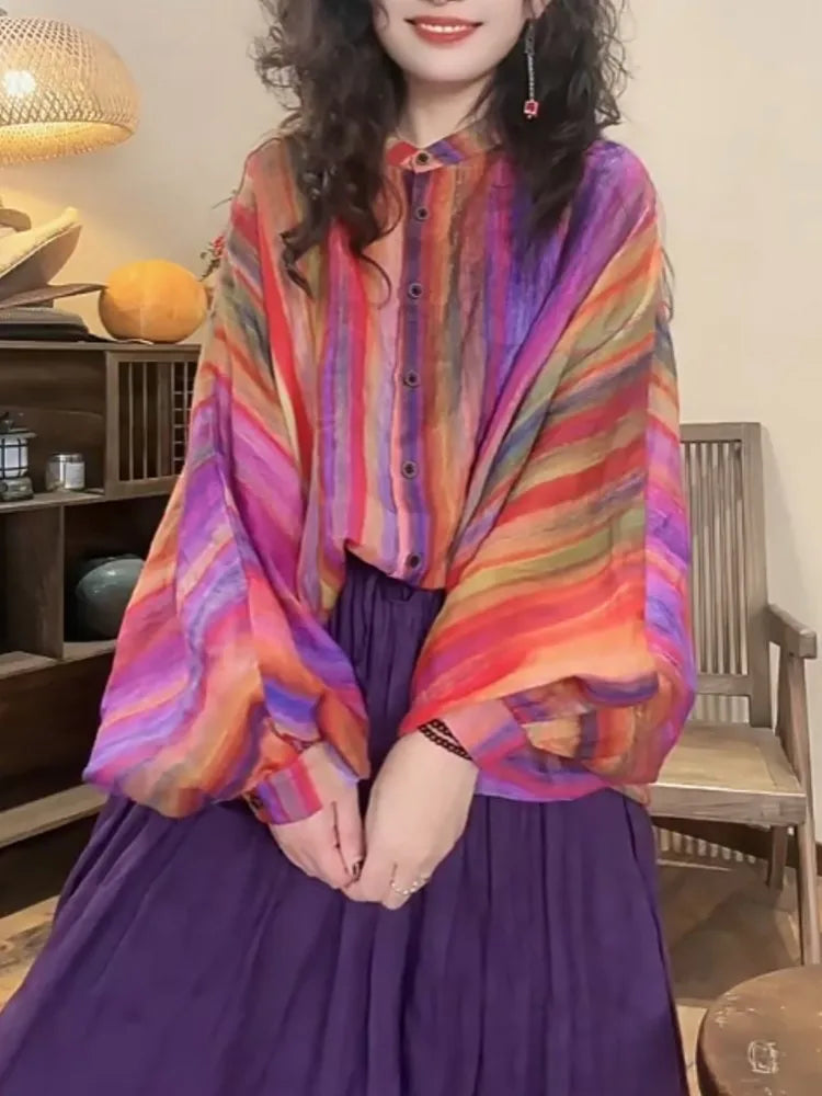 Maxy Oversized Summer 2 Two Piece Set Women Striped Print Casual Long Sleeve Ladies Shirt Elastic Waist Modis Ruffle Woman Long Skirt