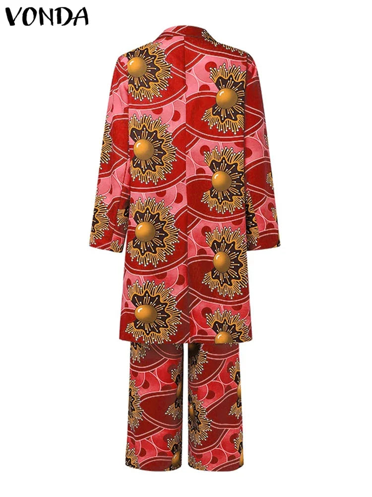 Maxy Plus Size Women Sets Two Piece Holiday Bohemian Printing Elegant Long Sleeve Outfits Fashion Casual Simple 2pc Suits