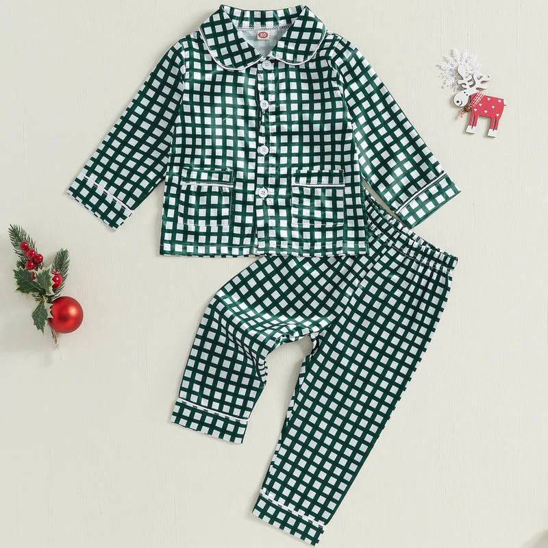 RUEWEY 1 to 5 Years Kids Girl Boy Christmas Pajamas Sets Plaid/Tree Print Long Sleeve Tops with Pants Sleepwear Baby Clothing