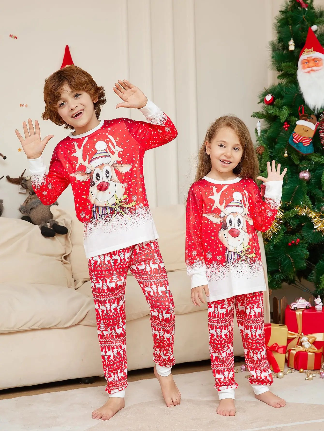 Maxy Christmas Pajamas Family Set Cartoon Deer Printed Red White Long Sleeve Family Matching Christmas Pajamas Pjs Set