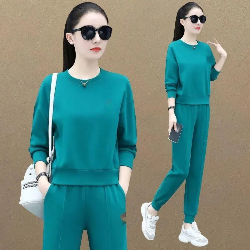 Maxy Round Necked Sports Suit For Women In Spring And Autumn New Fashion Korean Long Sleeve Crop Top And Pants 2 Two Piece Set