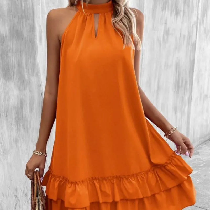 Summer New Solid Color Sleeveless Hanging Neck Series With Loose Ruffle Edge A-line Dress For Women's Fashion Midi Vestidos