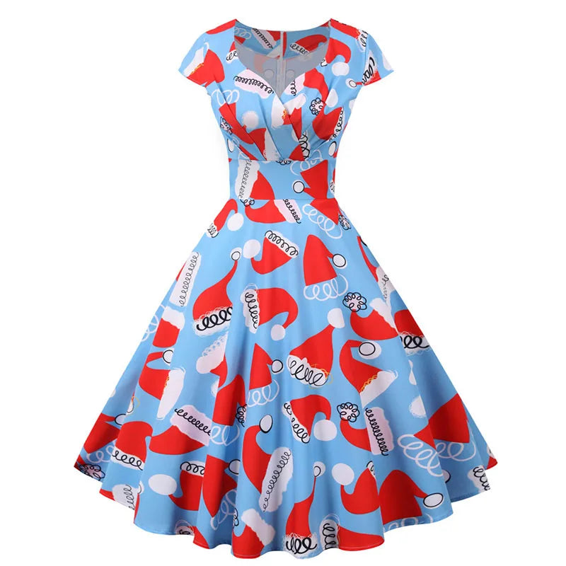 Women Christmas Party Dress  Short Sleeve V Neck Elegant Vintage Print Xmas New Year Prom Sundress  3XL Robe