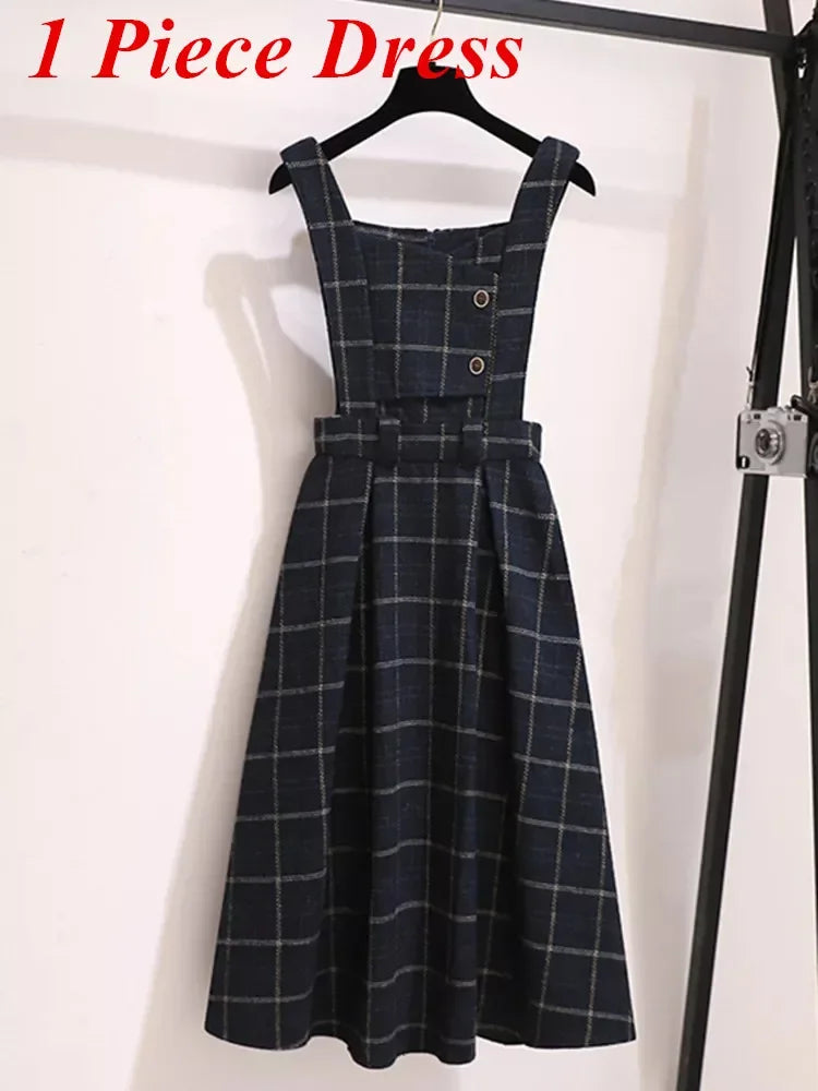 Maxy High Quality Fall Winter Women Sweater Overalls Dress Sets Casual Knitted Tops +Plaid Woolen Dress 2 Piece Sets Outfits Female