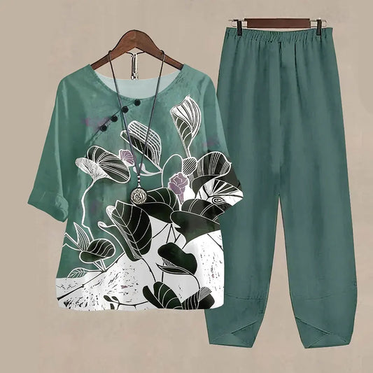 Maxy Leaf Printing Women O Neck Short Sleeve Suit Elegant High Waist Pants Fashion Top&Pants Set Casual Outfits Two Piece Sets Summer