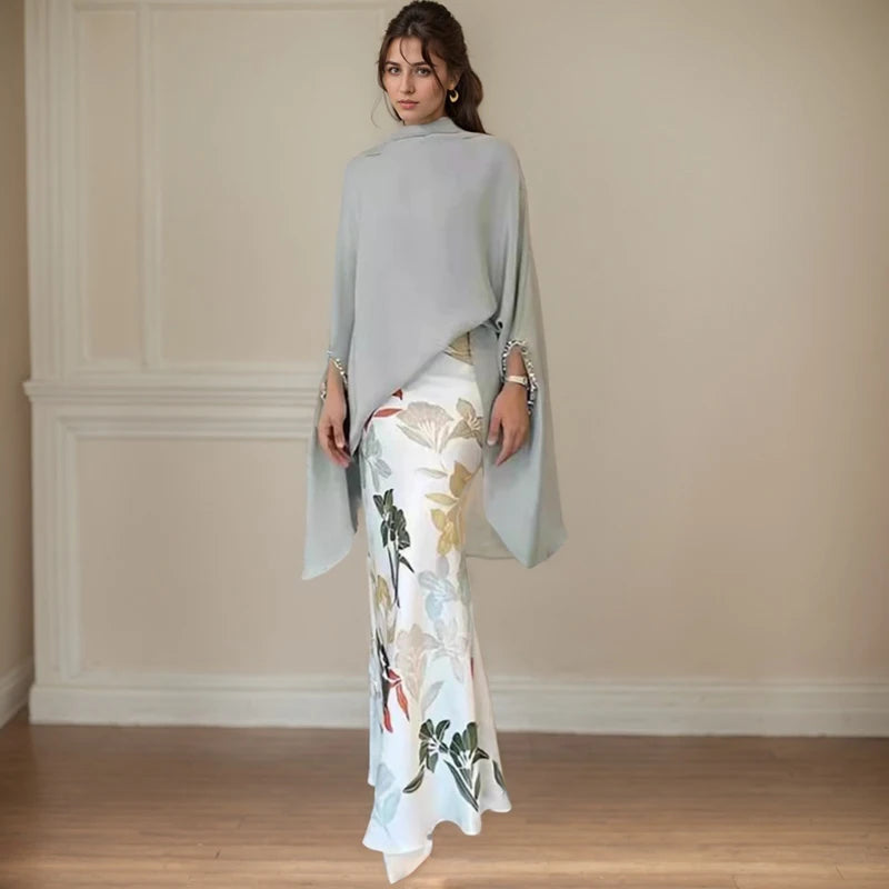 Maxy Vintage High Street Long Dress Suit Elegant Batwing Sleeve Tops Blouse Long Skirt Two Piece Set High Fashion Commuting Satin Set