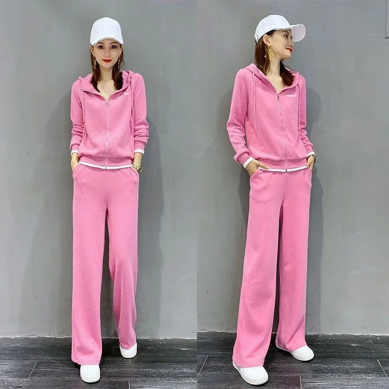 Amay Women's Tracksuit Spring Autumn New Casual Korean Loose Wide Leg Pants Two Piece Set Hooded Sweater Fashion Gym Sports Suit