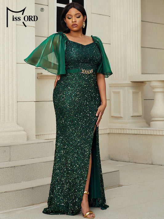 Momsey Plus Size High Waist Split Dress Sequined Evening Dress Mesh Flowy Sleeves Women's Comfortable Prom Dress