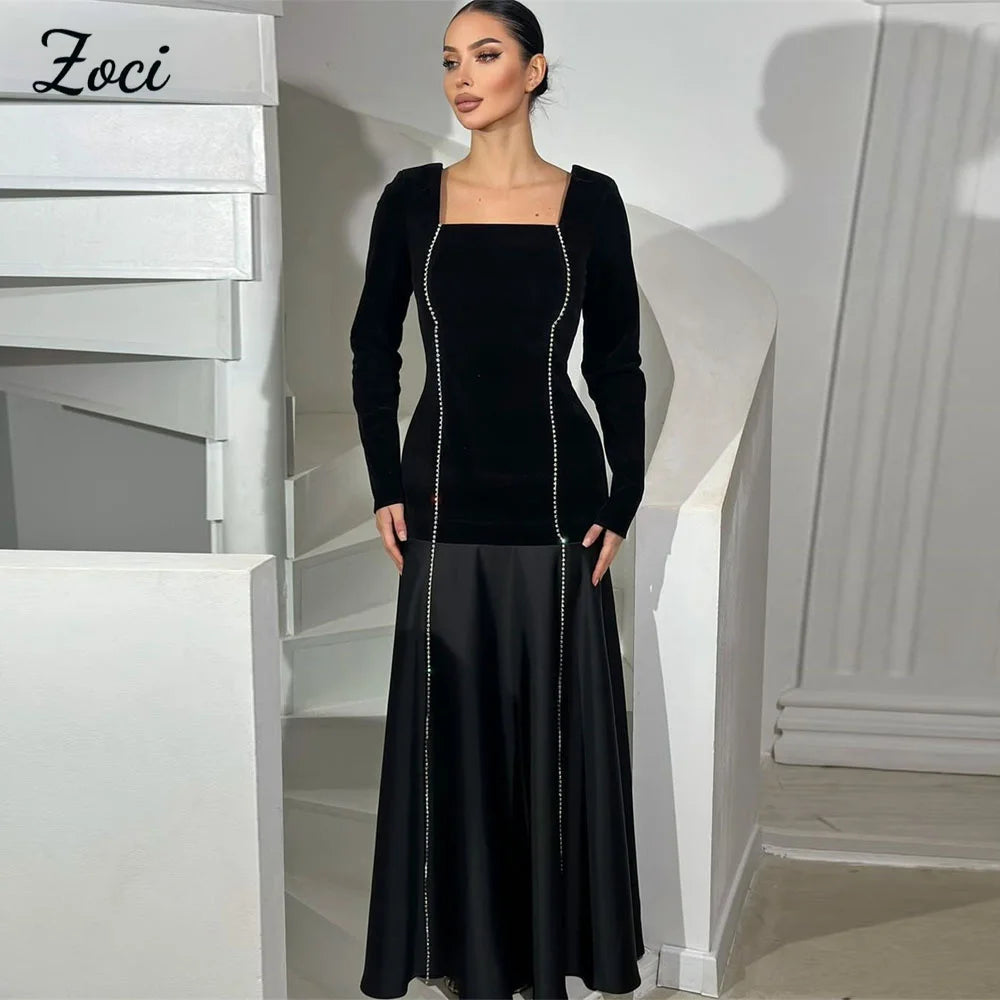 Maxy Square Neck Black Prom Dresses A Line Satin Beading Long Sleeve Evening Gown Saudi Customized Formal Party Occasion Dress