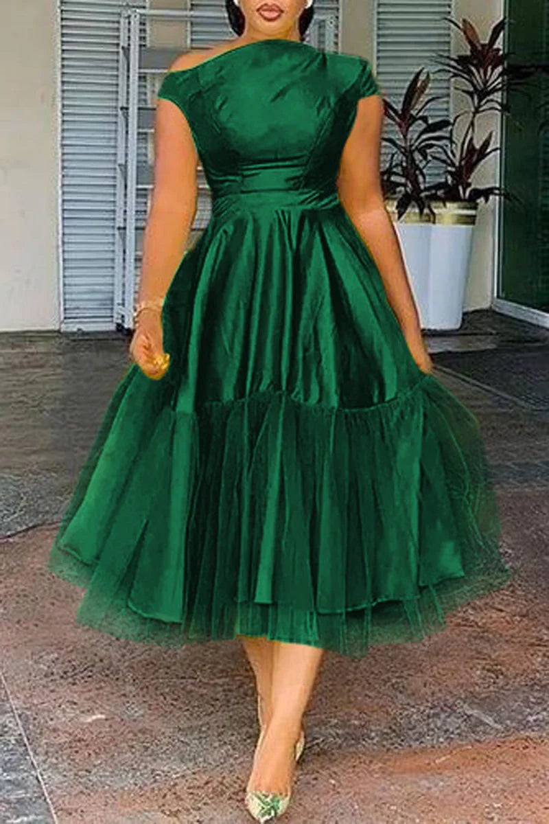 Maxy Plus Size Elegant A-line Tulle Midi Dress for Women Off The Shoulder Party Club Wedding Guest Prom Dresses Midwaist Dress